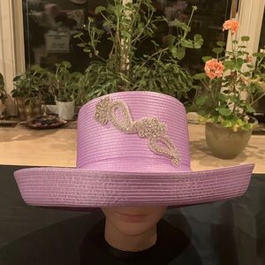 Elegant Lavender Satin Ribbon Hat with Silver Rhinestone Beaded Embellishment